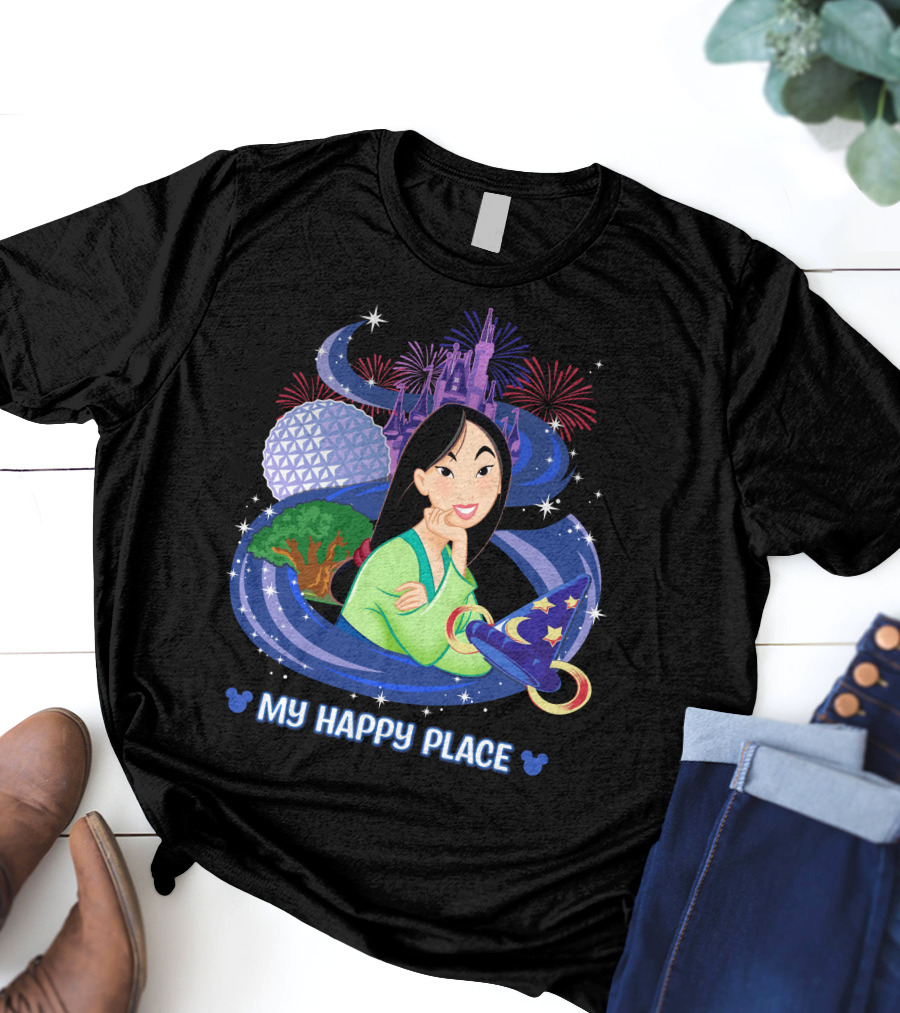Mulan My Happy Place With Fireworks And Disney World Elements T-Shirt