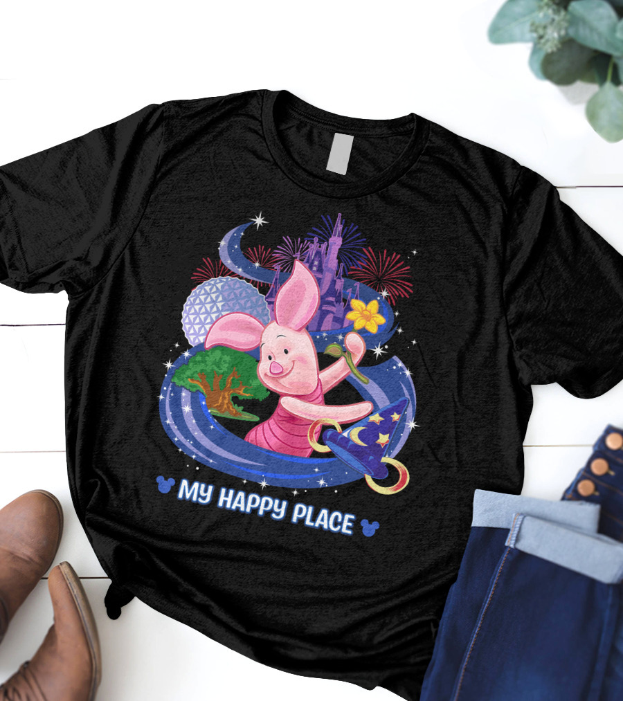 Piglet My Happy Place Disney Epcot Castle Fireworks T-Shirt