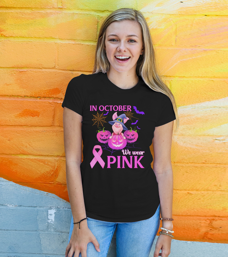 In October We Wear Pink Piglet Breast Cancer Awareness Halloween Pumpkins T-Shirt