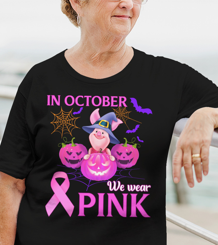 In October We Wear Pink Piglet Breast Cancer Awareness Halloween Pumpkins T-Shirt