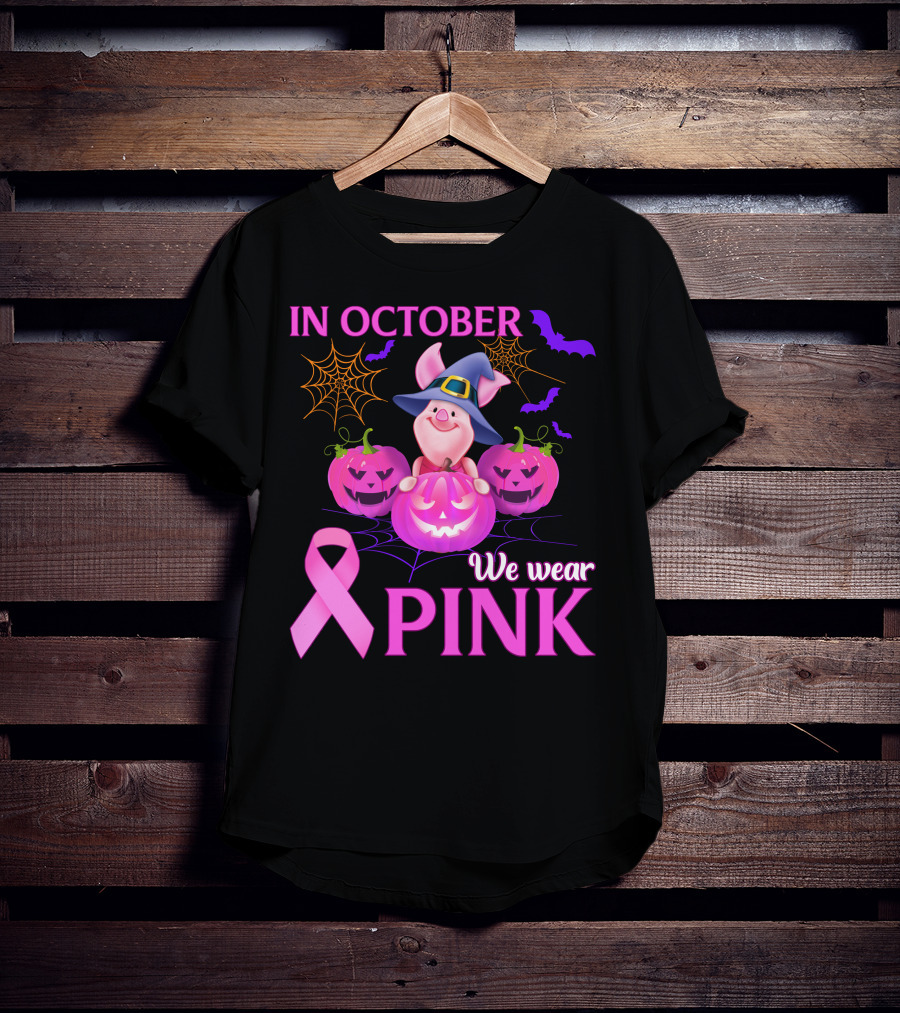 In October We Wear Pink Piglet Breast Cancer Awareness Halloween Pumpkins T-Shirt