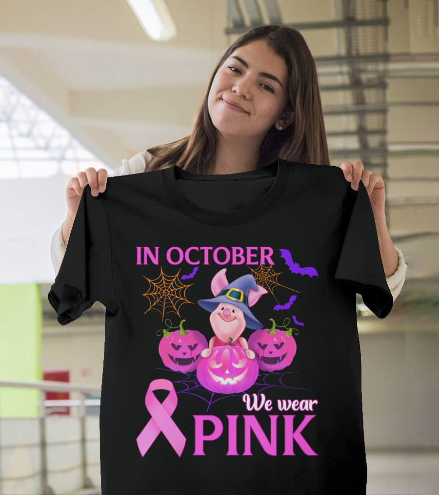 In October We Wear Pink Piglet Breast Cancer Awareness Halloween Pumpkins T-Shirt