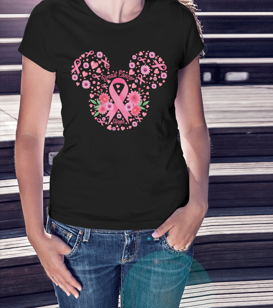 Breast Cancer Hope Pink Ribbon Floral Mickey Ears T-Shirt