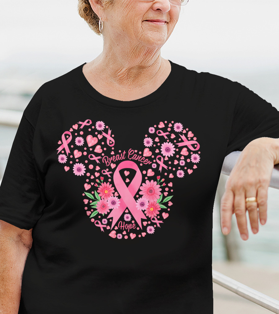 Breast Cancer Hope Pink Ribbon Floral Mickey Ears T-Shirt