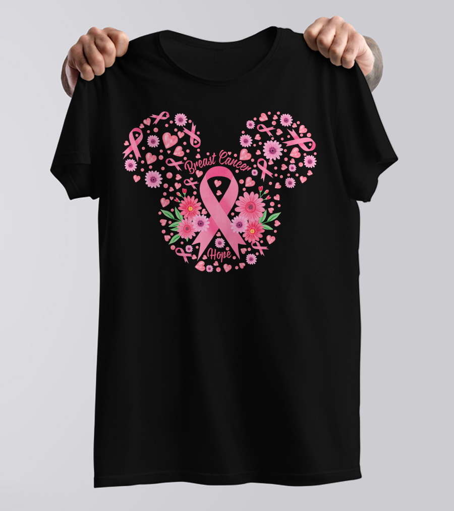 Breast Cancer Hope Pink Ribbon Floral Mickey Ears T-Shirt