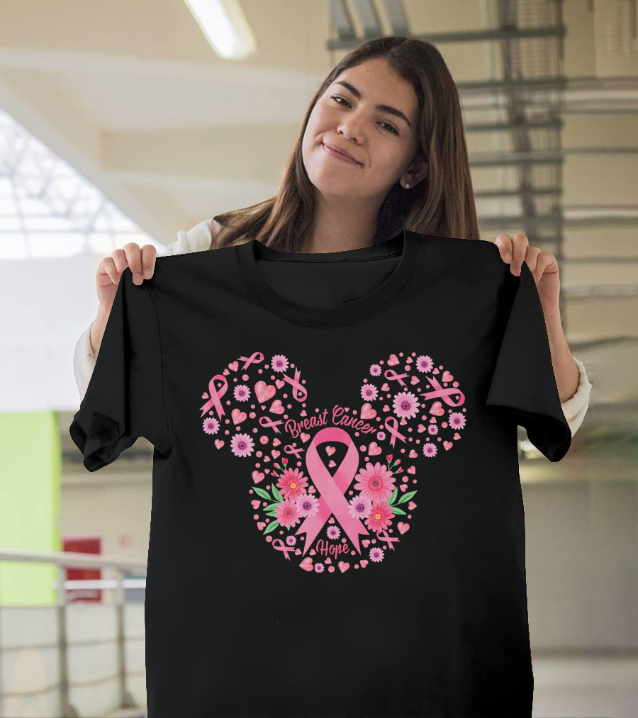 Breast Cancer Hope Pink Ribbon Floral Mickey Ears T-Shirt