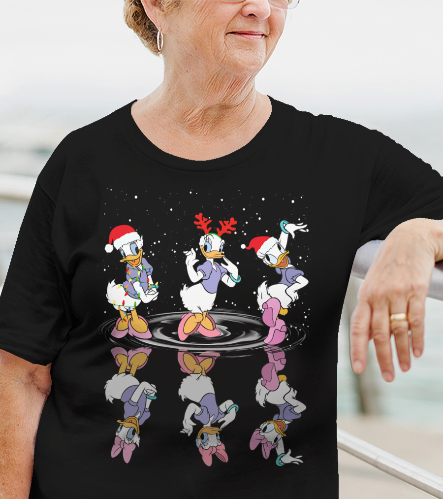 Daisy Duck Christmas Reflection Trio Dancing With Holiday Hats And Snowflakes T-Shirt