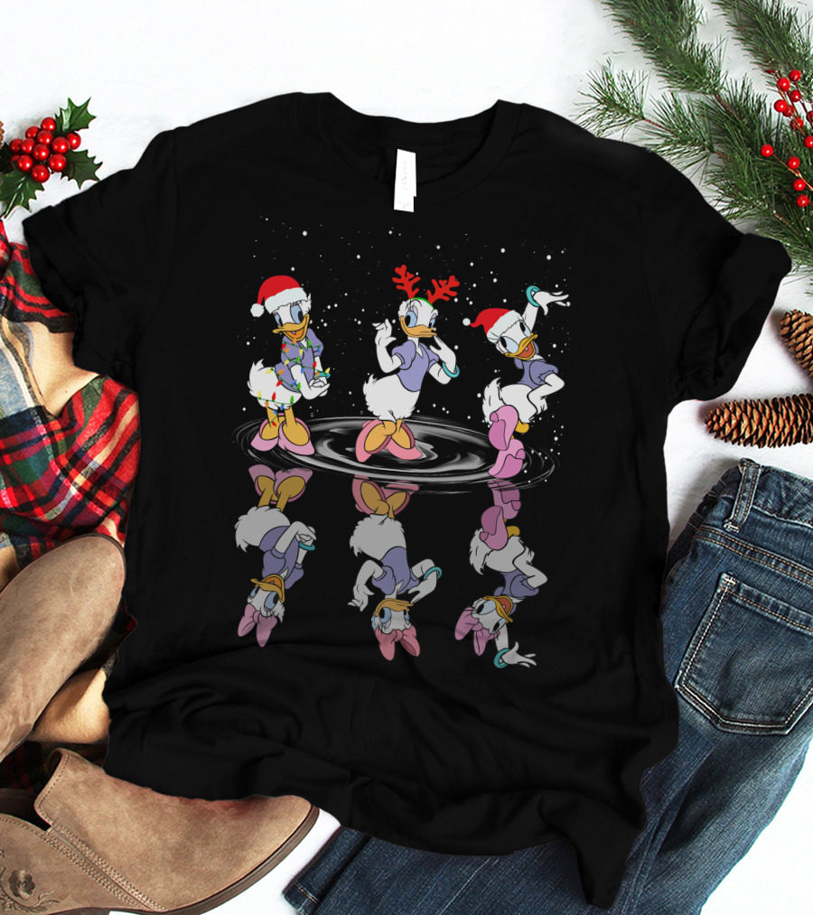 Daisy Duck Christmas Reflection Trio Dancing With Holiday Hats And Snowflakes T-Shirt