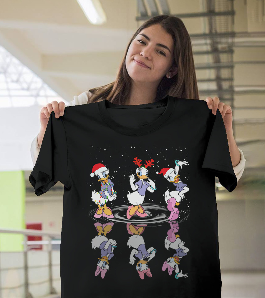 Daisy Duck Christmas Reflection Trio Dancing With Holiday Hats And Snowflakes T-Shirt