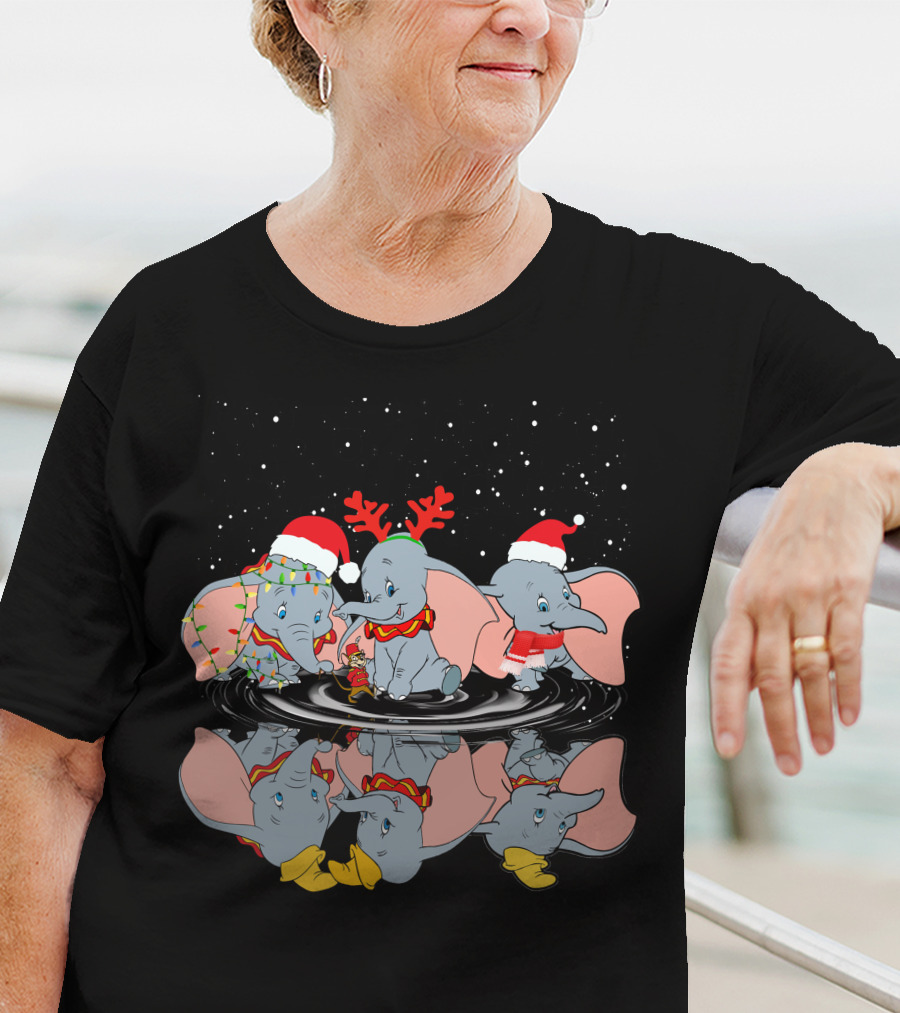 Dumbo Christmas Santa Hats And Reindeer Antlers Snowy Night T-Shirt