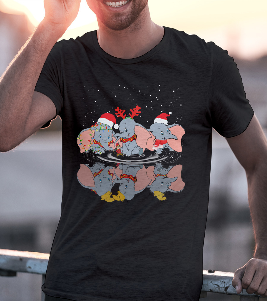 Dumbo Christmas Santa Hats And Reindeer Antlers Snowy Night T-Shirt