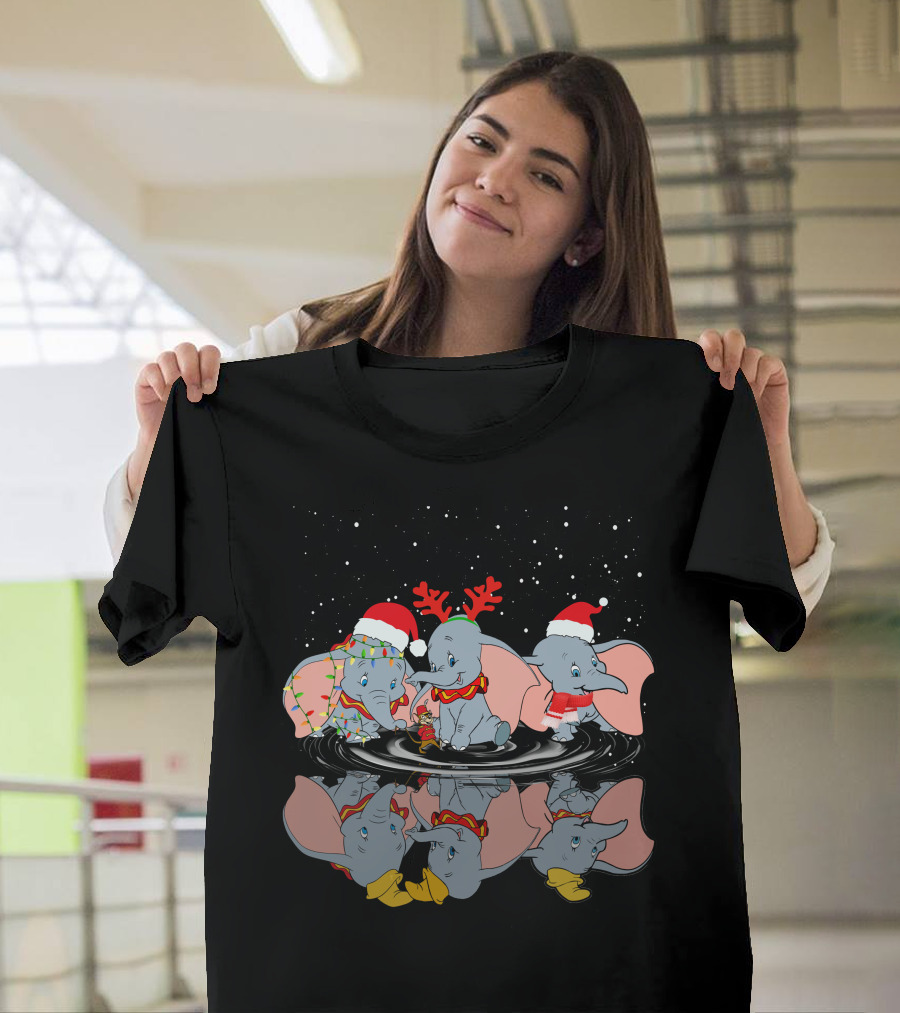 Dumbo Christmas Santa Hats And Reindeer Antlers Snowy Night T-Shirt
