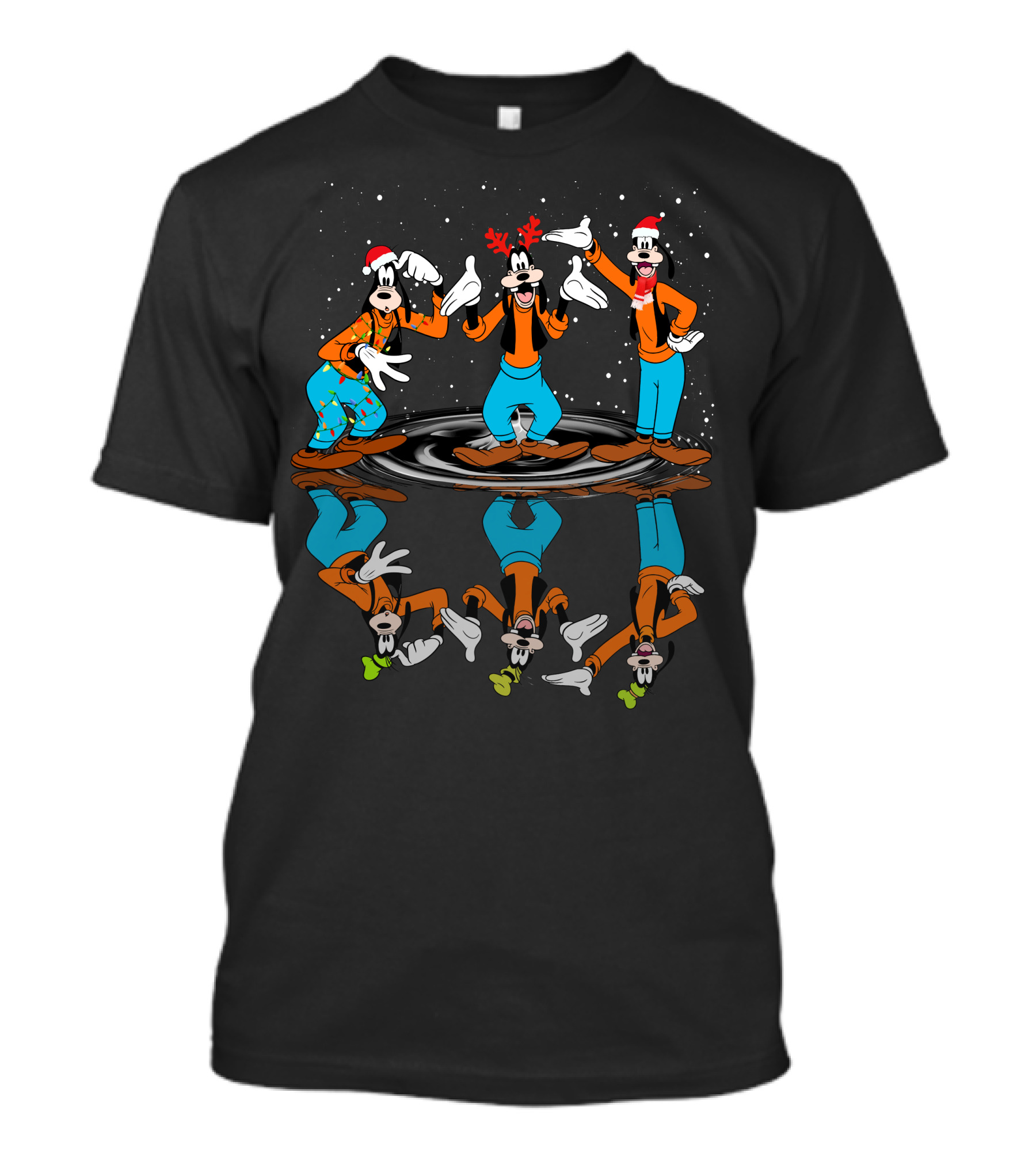 Goofy Christmas Reflection With Santa Hats And Antlers T-Shirt