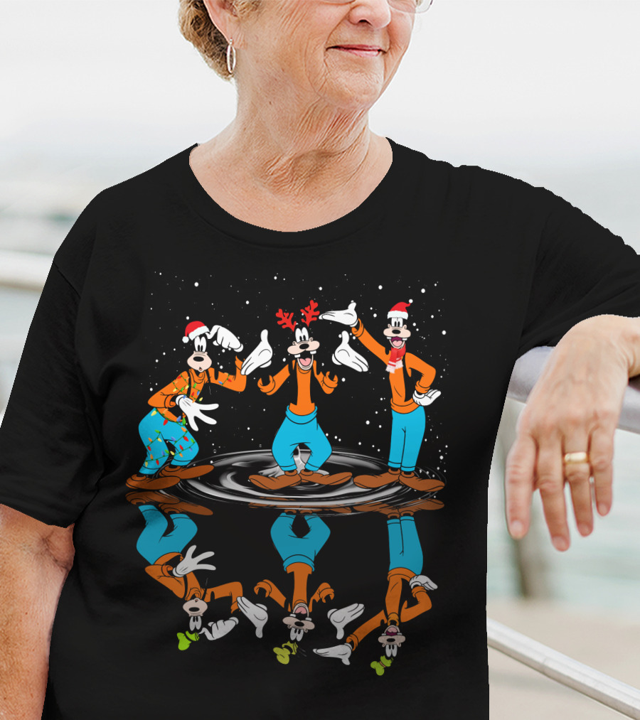 Goofy Christmas Reflection With Santa Hats And Antlers T-Shirt