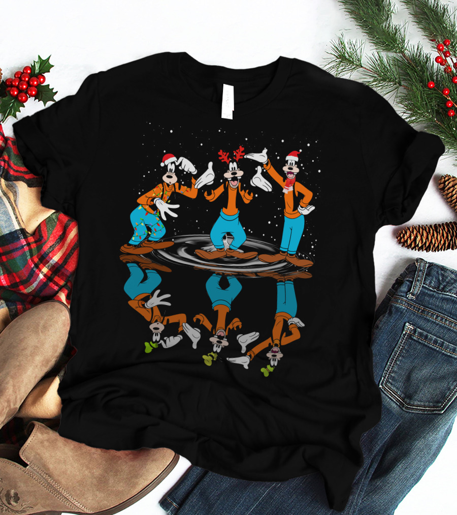 Goofy Christmas Reflection With Santa Hats And Antlers T-Shirt