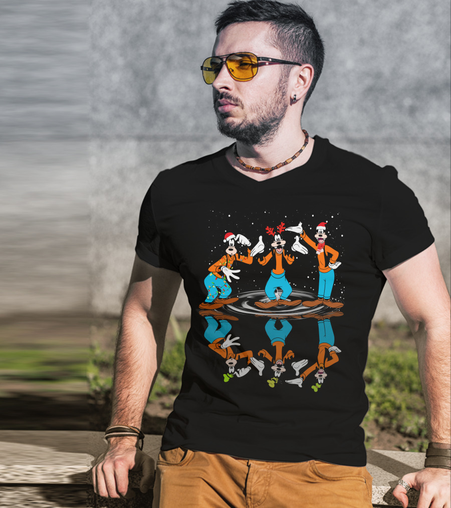 Goofy Christmas Reflection With Santa Hats And Antlers T-Shirt