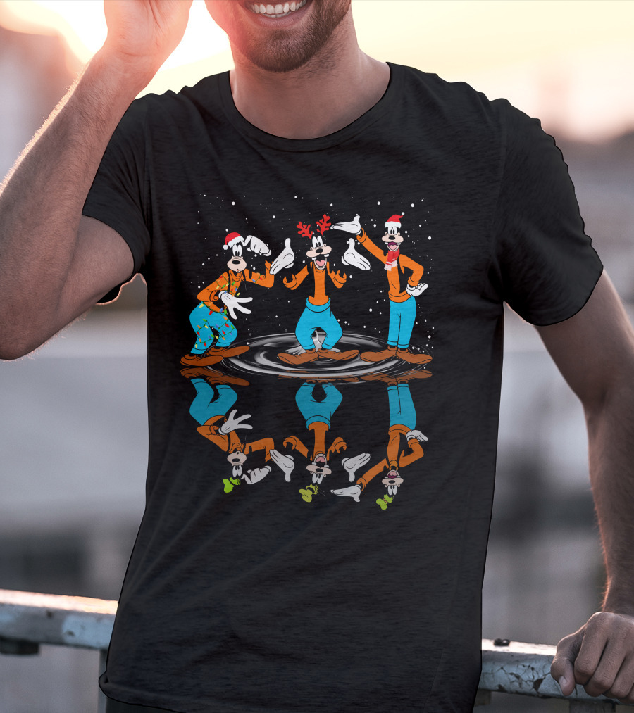 Goofy Christmas Reflection With Santa Hats And Antlers T-Shirt