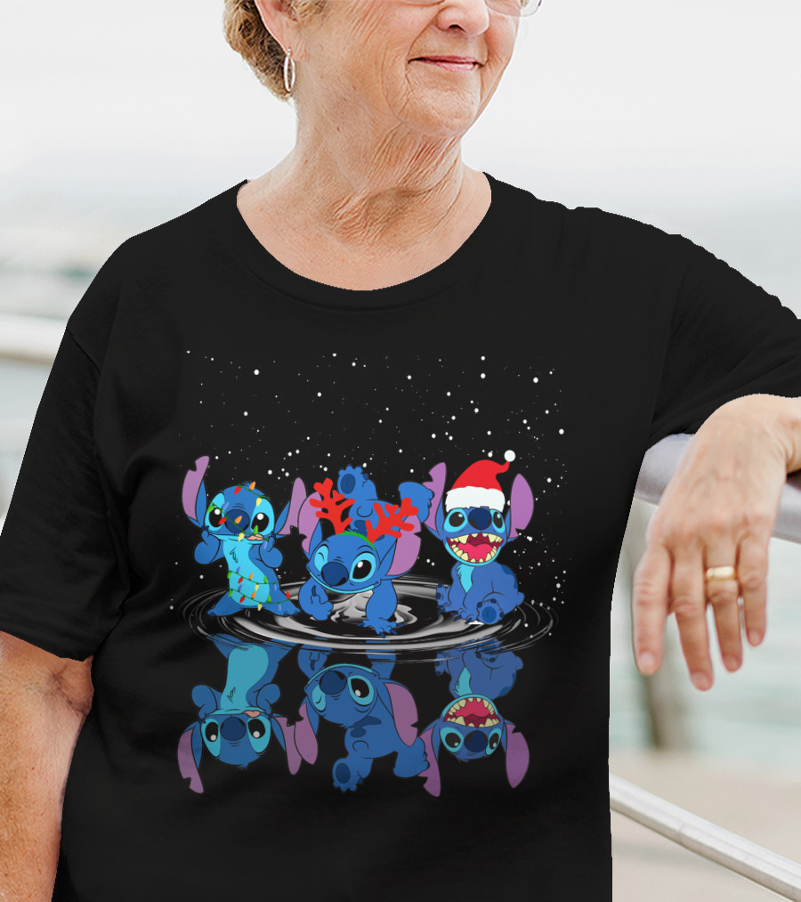 Stitch Christmas Reflections With Santa Hat And Reindeer Antlers T-Shirt