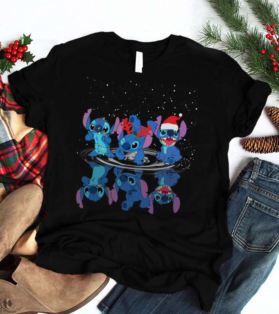 Stitch Christmas Reflections With Santa Hat And Reindeer Antlers T-Shirt