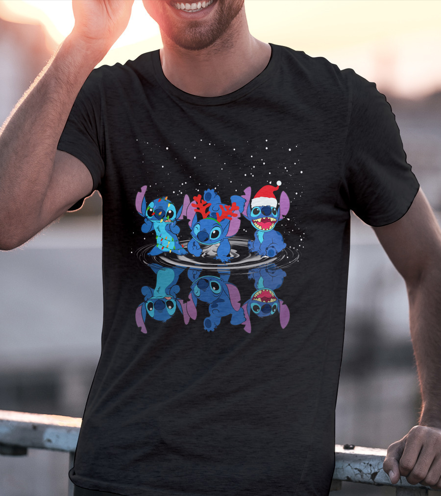Stitch Christmas Reflections With Santa Hat And Reindeer Antlers T-Shirt
