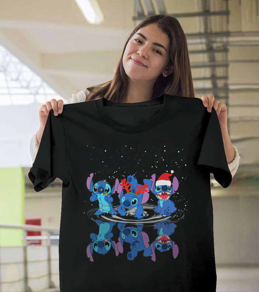 Stitch Christmas Reflections With Santa Hat And Reindeer Antlers T-Shirt