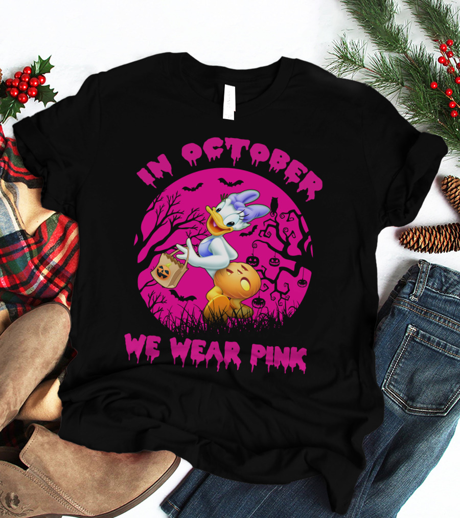 In October We Wear Pink Daisy Duck Halloween Theme T-Shirt