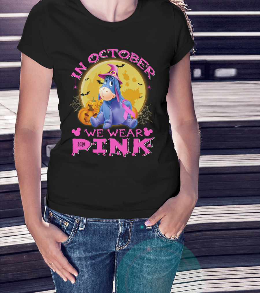 In October We Wear Pink Eeyore Halloween Ribbon And Pumpkins T-Shirt