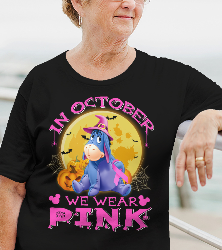 In October We Wear Pink Eeyore Halloween Ribbon And Pumpkins T-Shirt