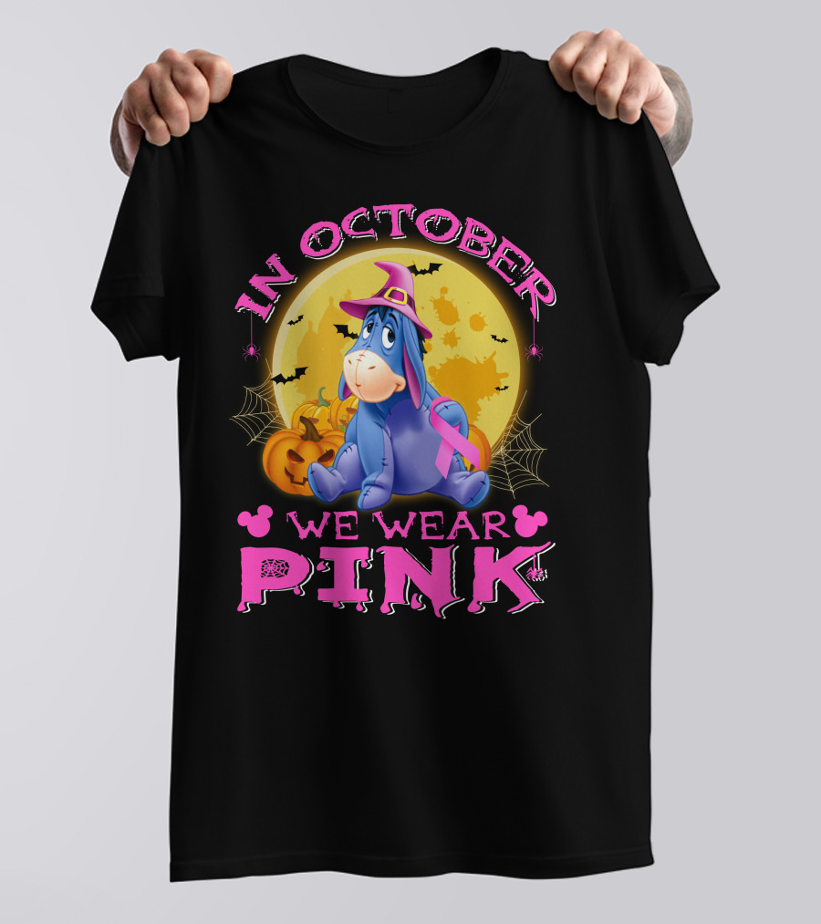 In October We Wear Pink Eeyore Halloween Ribbon And Pumpkins T-Shirt