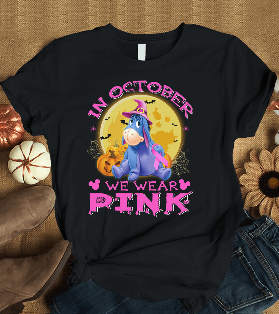 In October We Wear Pink Eeyore Halloween Ribbon And Pumpkins T-Shirt