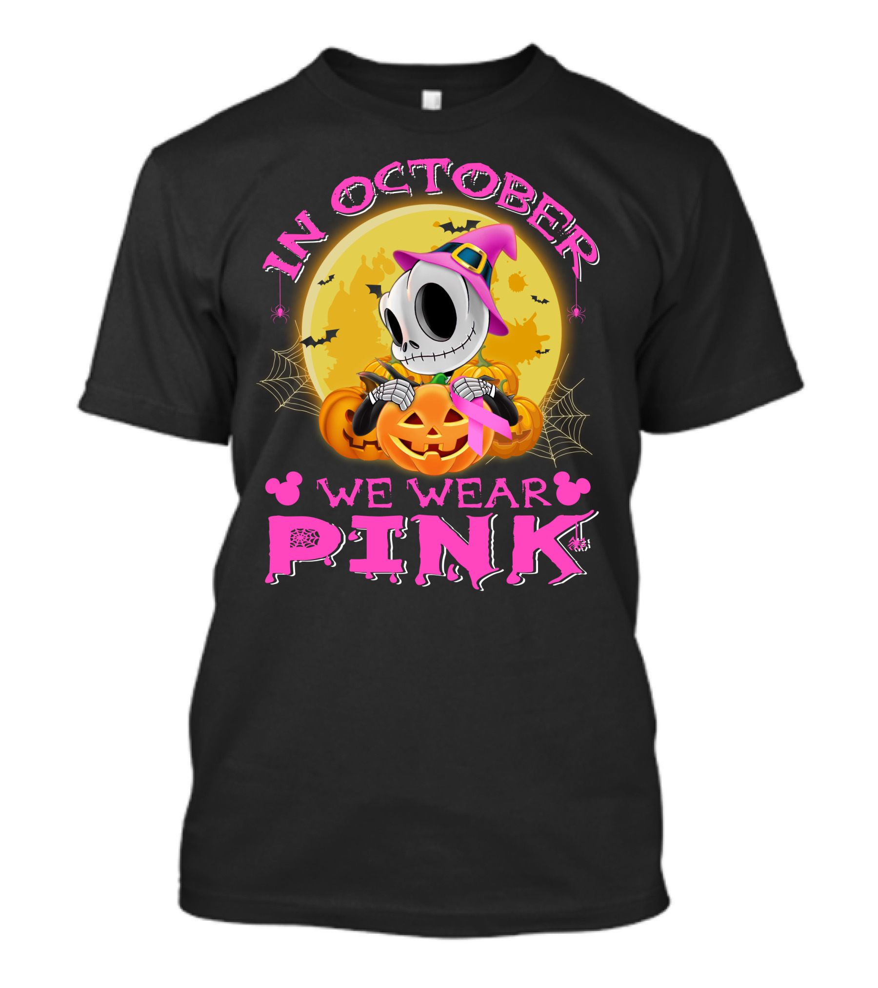In October We Wear Pink Halloween Pumpkin Skeleton T-Shirt