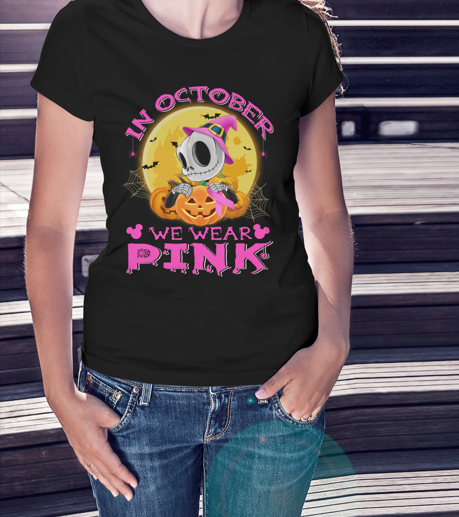 In October We Wear Pink Halloween Pumpkin Skeleton T-Shirt