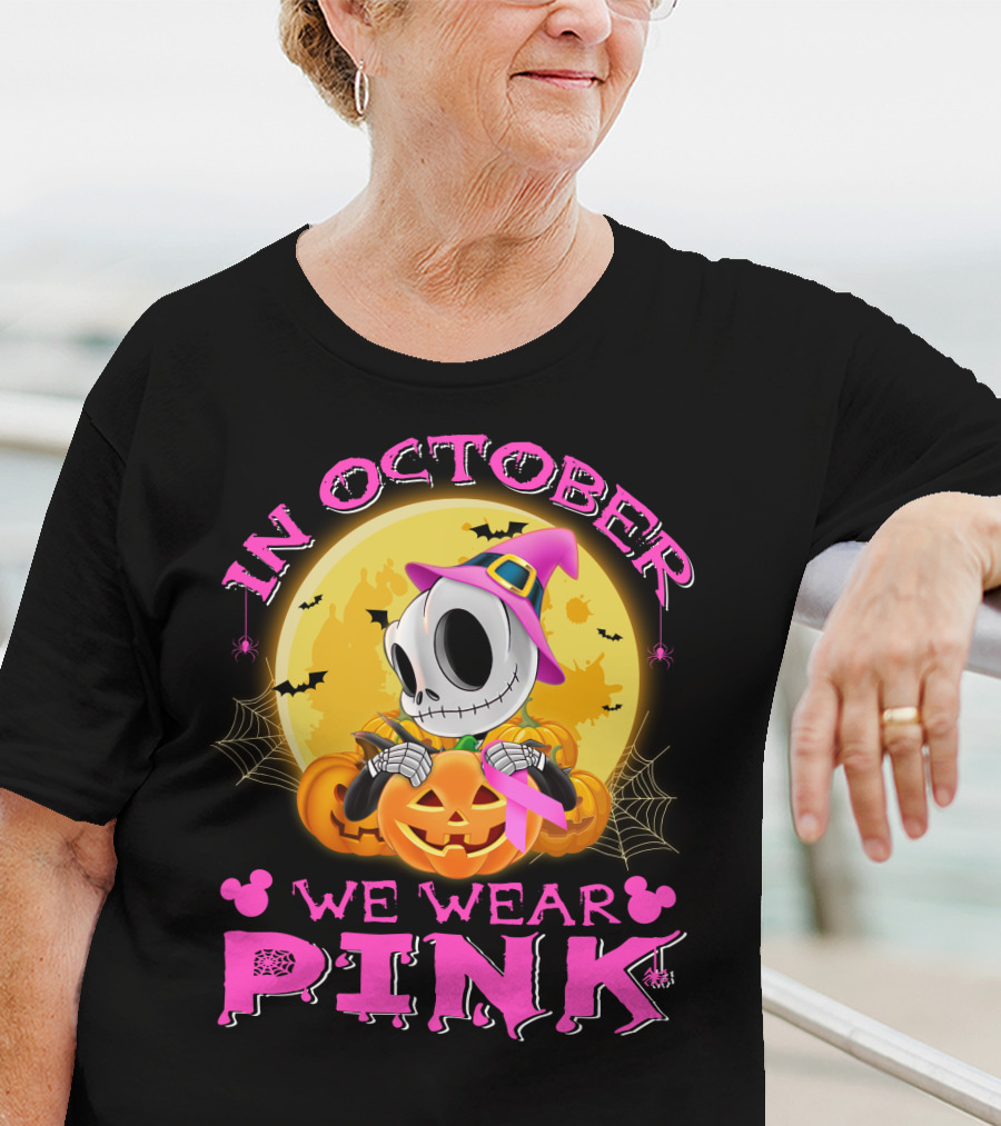 In October We Wear Pink Halloween Pumpkin Skeleton T-Shirt