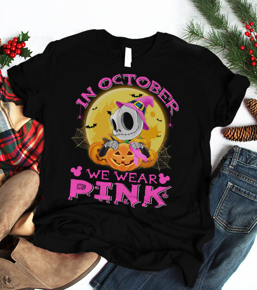 In October We Wear Pink Halloween Pumpkin Skeleton T-Shirt