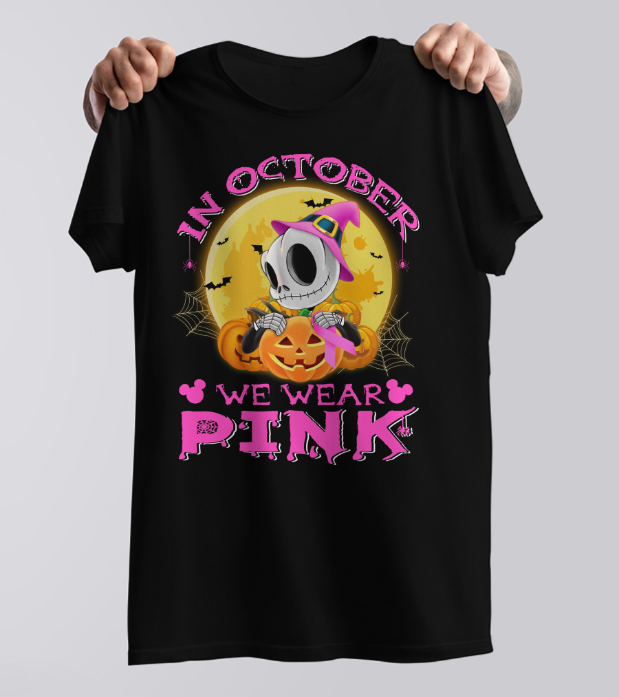 In October We Wear Pink Halloween Pumpkin Skeleton T-Shirt