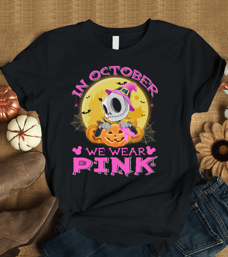 In October We Wear Pink Halloween Pumpkin Skeleton T-Shirt