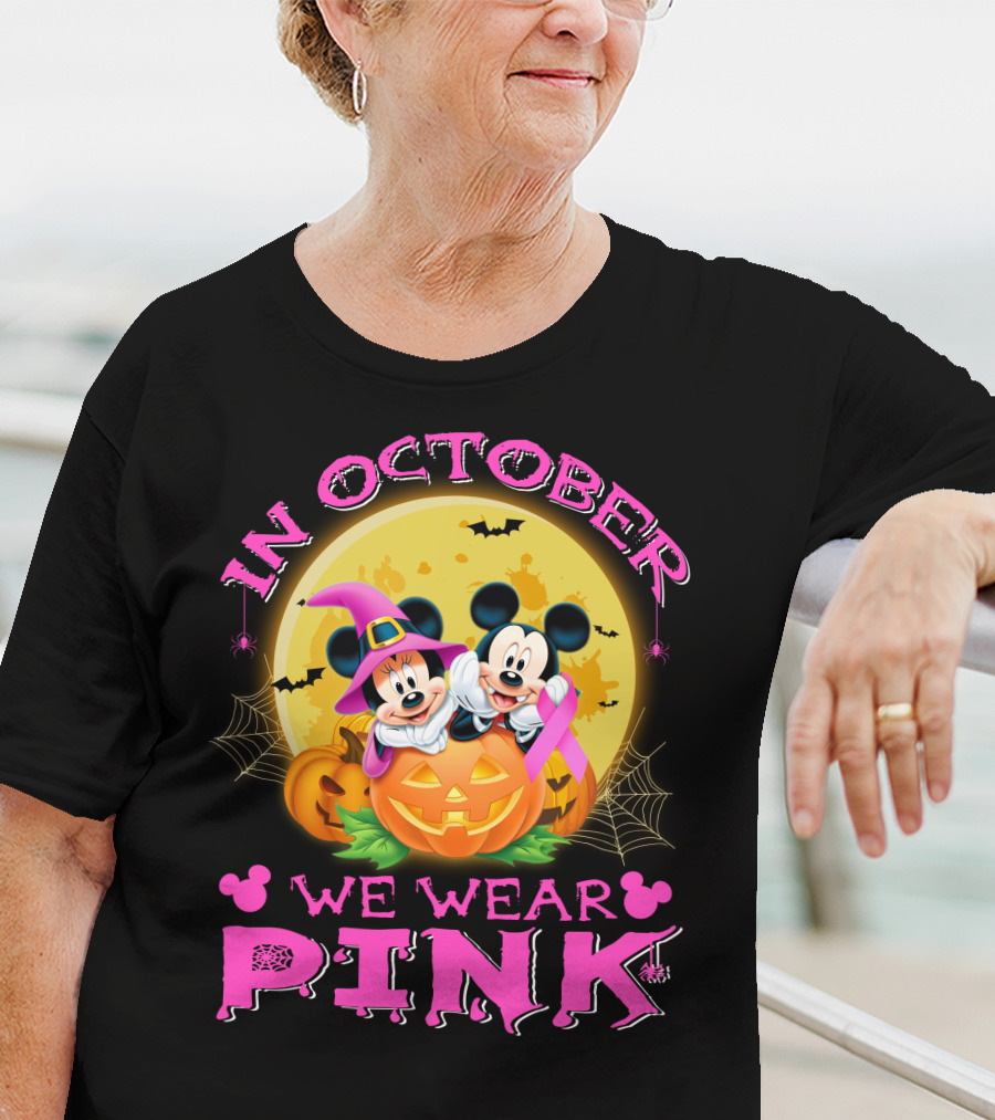 In October We Wear Pink Mickey And Minnie Halloween Pumpkin T-Shirt