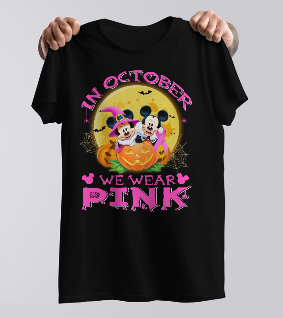 In October We Wear Pink Mickey And Minnie Halloween Pumpkin T-Shirt