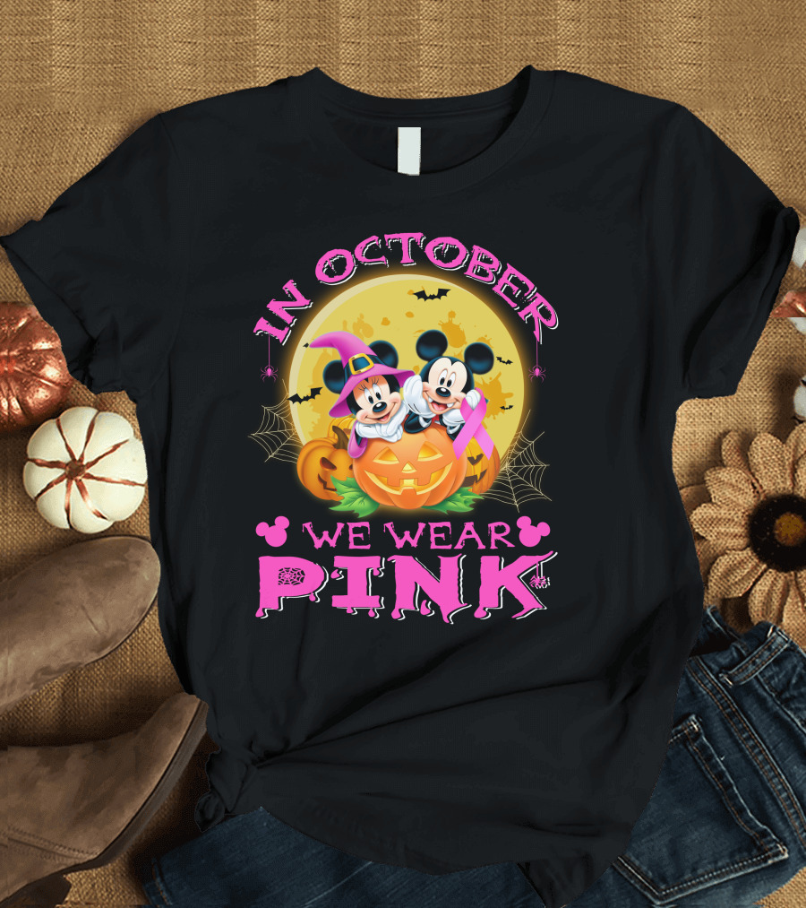 In October We Wear Pink Mickey And Minnie Halloween Pumpkin T-Shirt