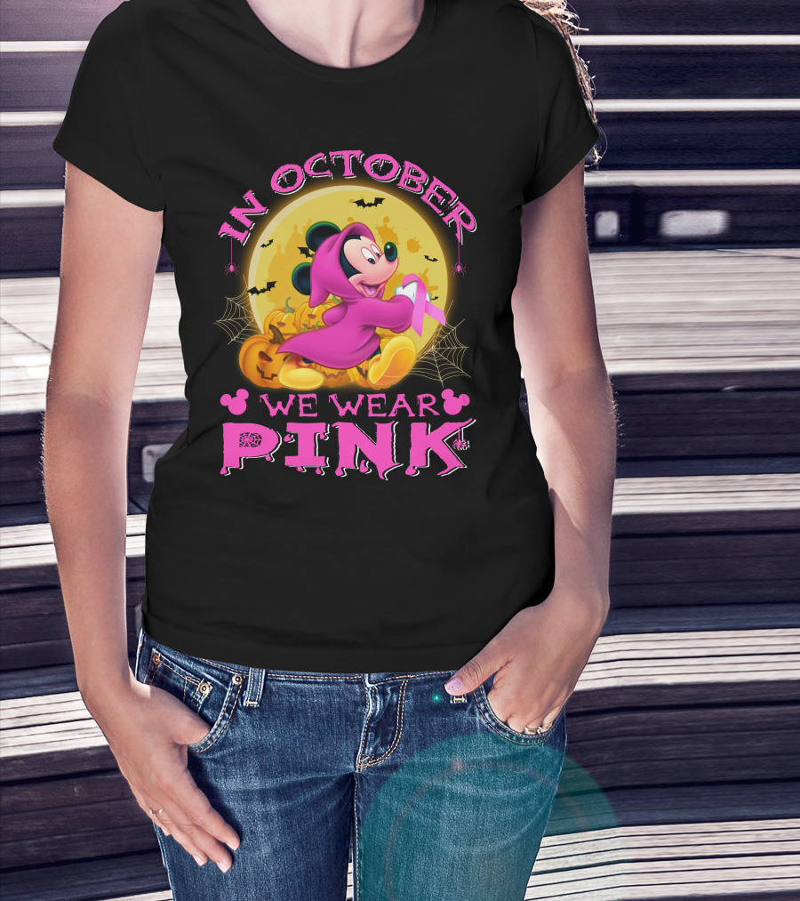 In October We Wear Pink Mickey Mouse Halloween Pumpkin Bats T-Shirt
