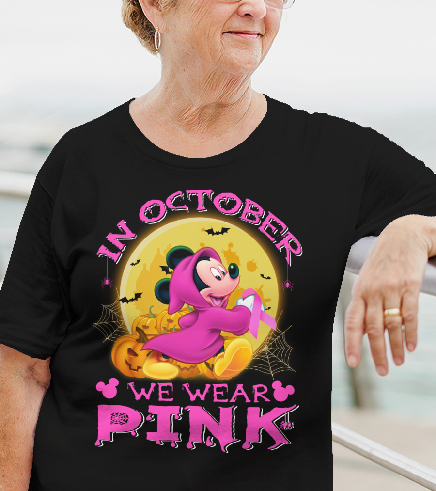 In October We Wear Pink Mickey Mouse Halloween Pumpkin Bats T-Shirt