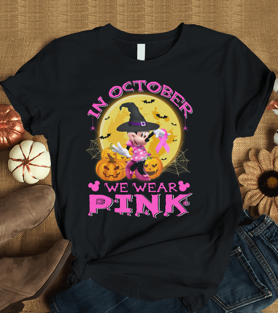 Minnie In October We Wear Pink Halloween Pumpkins Bats T-Shirt