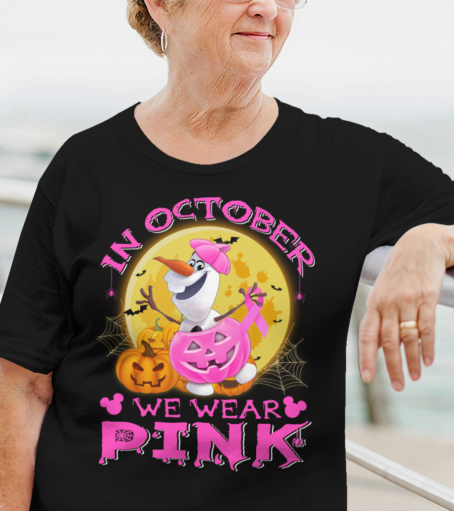 In October We Wear Pink Olaf Halloween Pumpkins And Bats T-Shirt