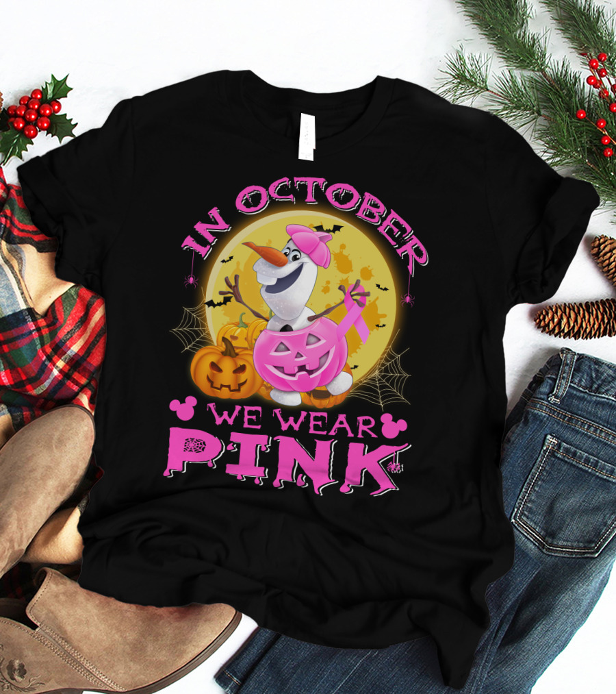 In October We Wear Pink Olaf Halloween Pumpkins And Bats T-Shirt