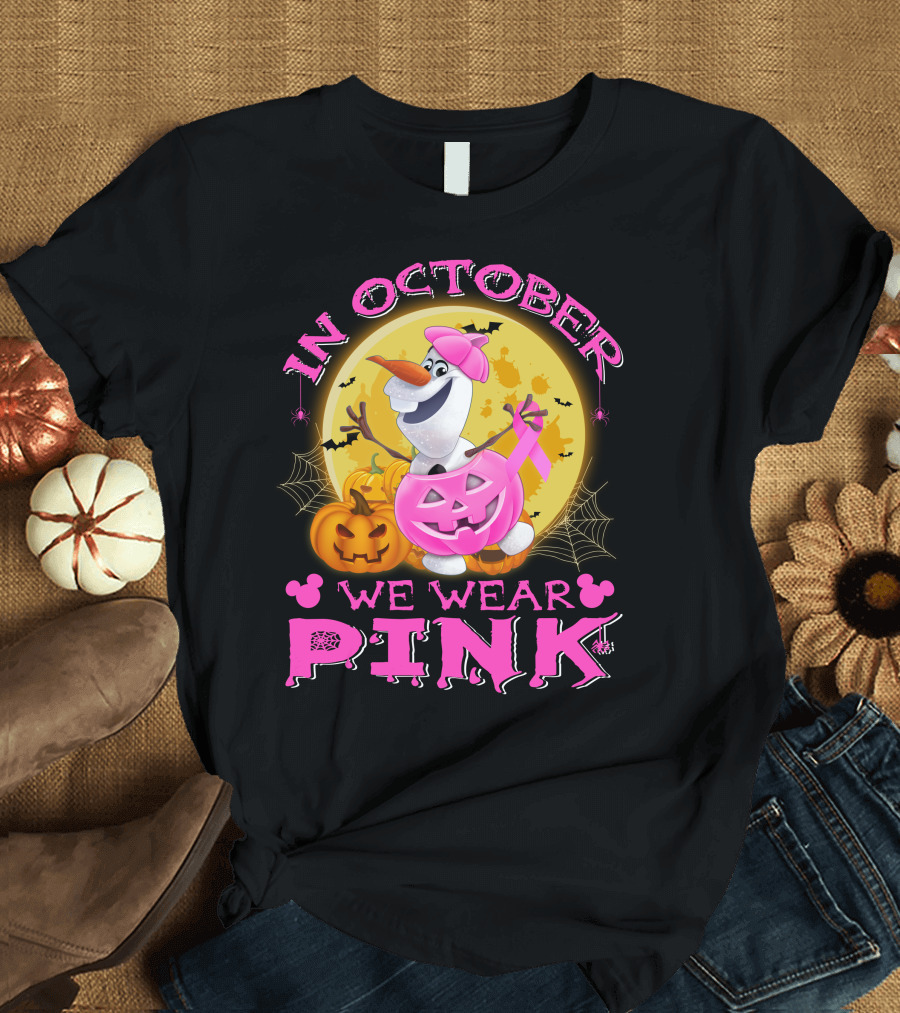 In October We Wear Pink Olaf Halloween Pumpkins And Bats T-Shirt