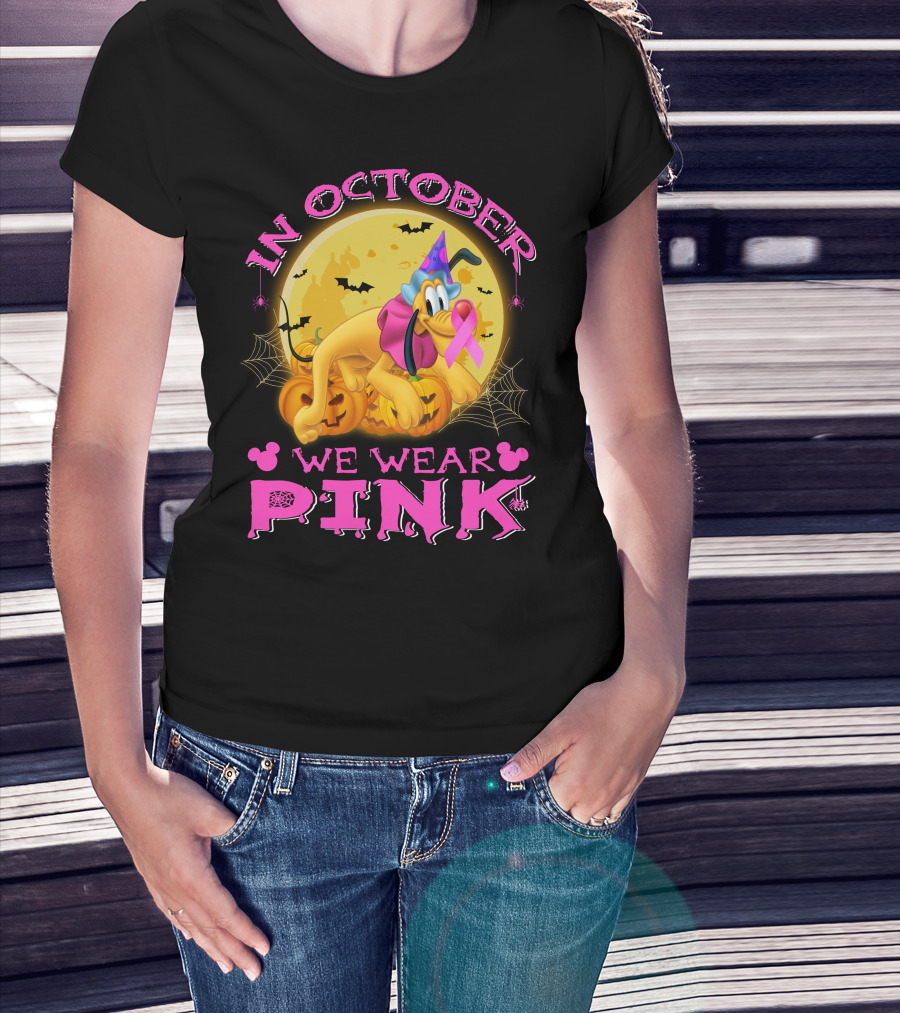 In October We Wear Pink Pluto Halloween Pumplin Bat Webs T-Shirt