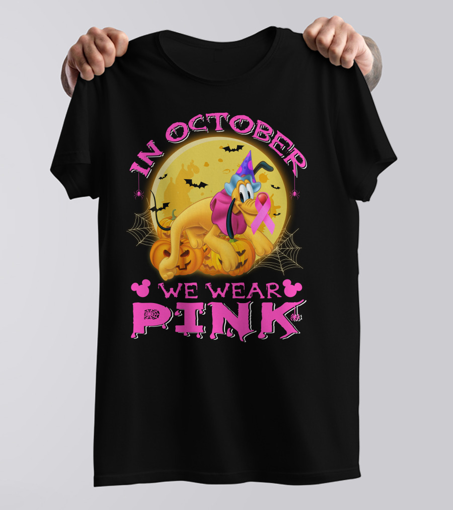 In October We Wear Pink Pluto Halloween Pumplin Bat Webs T-Shirt
