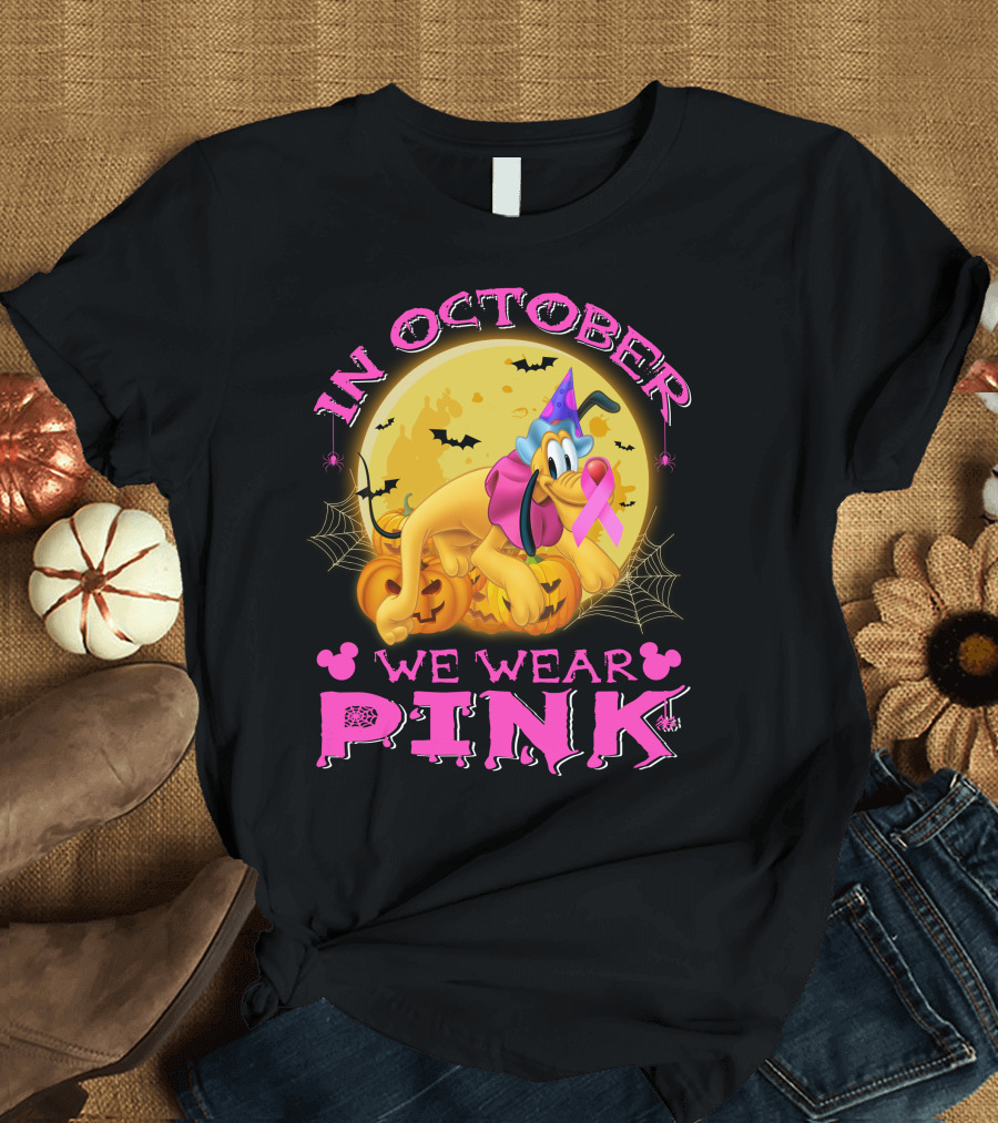 In October We Wear Pink Pluto Halloween Pumplin Bat Webs T-Shirt