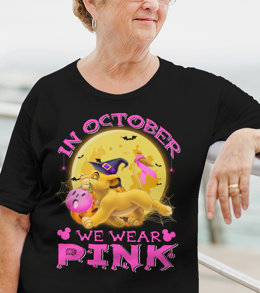 In October We Wear Pink Simba Halloween Breast Cancer Awareness T-Shirt