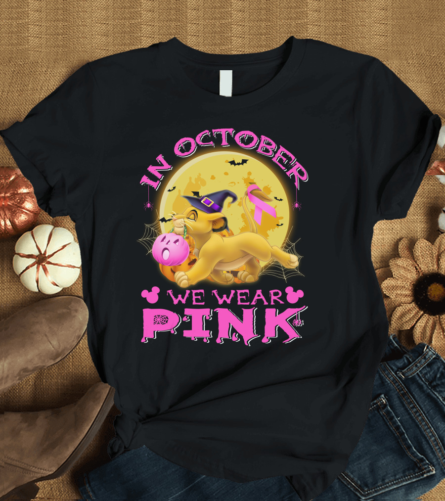 In October We Wear Pink Simba Halloween Breast Cancer Awareness T-Shirt